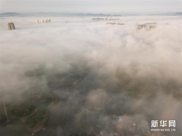 清晨雾漫山川间，若隐若现美景现